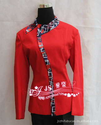 【新上市酒店工作服 酒店制服 高檔女服務(wù)員服飾 長袖紅色拼花JS130】價格,廠家,圖片,制服、工作服,廣州市番禺區(qū)大石景盛酒店用品經(jīng)營部-
